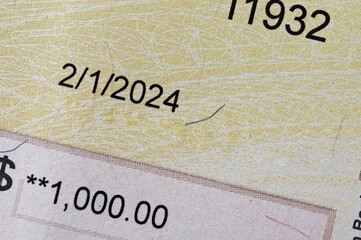 Close up of check in the amount of $1000