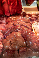 offal products, animal intestines, beef lungs, an offal shop in Turkey,