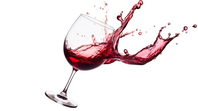 A vivid splash of red wine in a glass against a white background, capturing dynamic motion and contrasting colors, perfect for beverage and celebration themes.