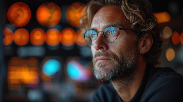  A Close Up Of A Person Wearing Glasses And Looking Off Into The Distance With A Blurry Background Of Orange And Blue Circles In The Foreground Of The Image.