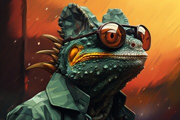 Colorful chameleon wearing sunglasses in vibrant illustration on gradient background