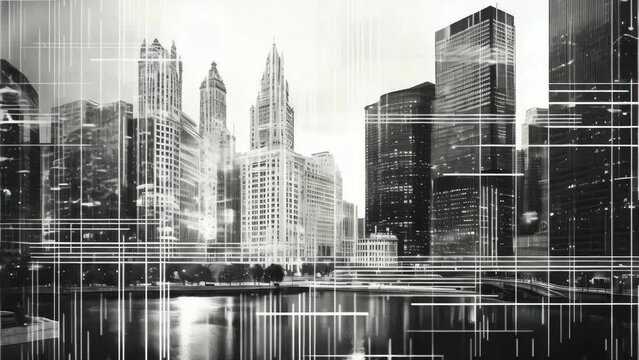 A black and white photo of a city skyline, suitable for various urban themes.