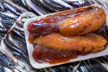 Raw fish roe, caviar, fish caviar close-up, packaged at the fishmonger,