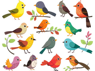 Assortment of colorful, stylized birds, perfect for use in educational materials, graphic designs, and children's books.
