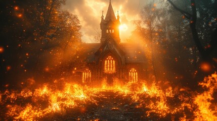  a church in the middle of a forest with a lot of fire coming out of the front of the building and a lot of fire coming out of the front of the building.