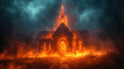  a church that is on fire in the middle of the night with a lot of smoke coming out of the front of it and a dark sky filled with clouds. - obrazy, fototapety, plakaty