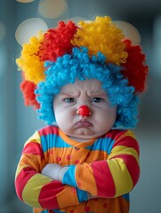 Fototapeta premium A baby with a stern expression wearing a vibrant, multicolored knitted hat and sweater against a warm yellow background.