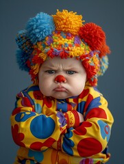 Fototapeta premium A baby with a stern expression wearing a vibrant, multicolored knitted hat and sweater against a warm yellow background.