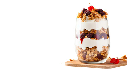 Homemade baked muesli with rolled oats, hazelnuts, and chocolate pieces in a glass jar with fresh yogurt, creating a delicious and nutritious breakfast concept on transparent background