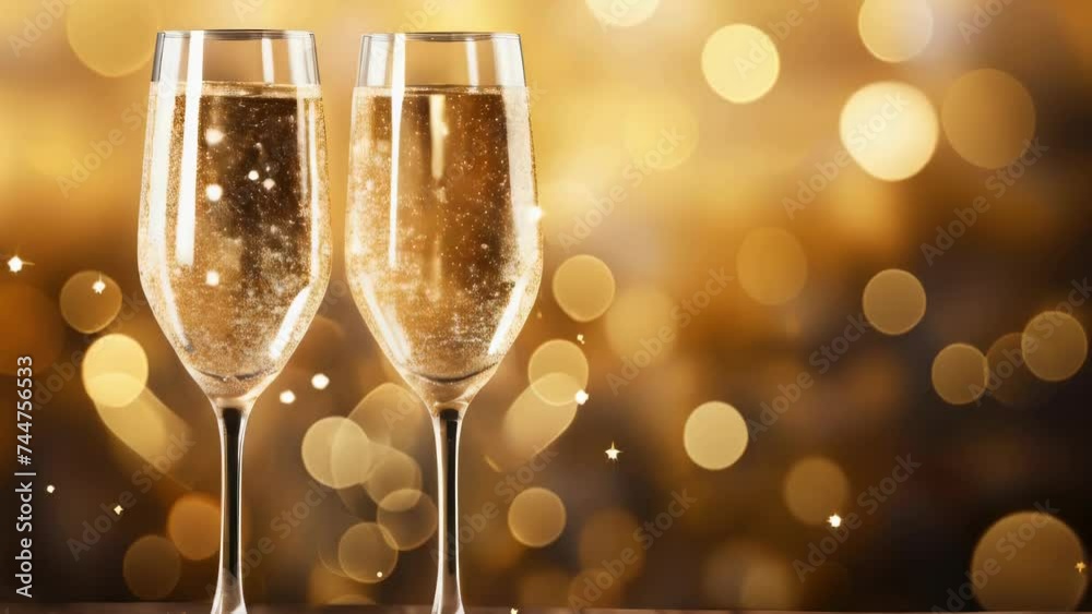 Poster two glasses of champagne on a table with lights in the background. suitable for celebratory occasion