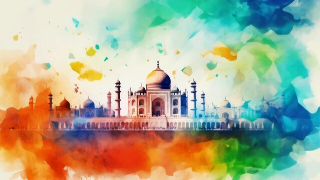 Beautiful watercolor painting of the iconic Taj Mahal, perfect for travel websites or cultural publications.