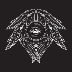 Biblical six winged angel Seraphim with eyes isolated. Hand drawn design vector illustration