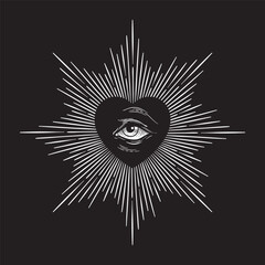 All seeing eye of God in sacred heart with rays of light sunburst hand drawn isolated vector illustration. Black work, flash tattoo or print design