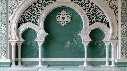 Luxurious Arabic background with stylish white and green patterns and ornate arch frame, Islamic backgrounds.
