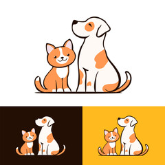 Cartoon dog and cat sitting and smiling sign, pet logo with puppy and kitten, vector illustration