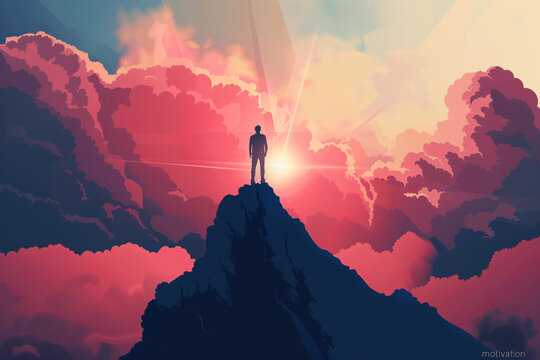 Silhouette of person on mountain peak with vibrant sunset clouds
