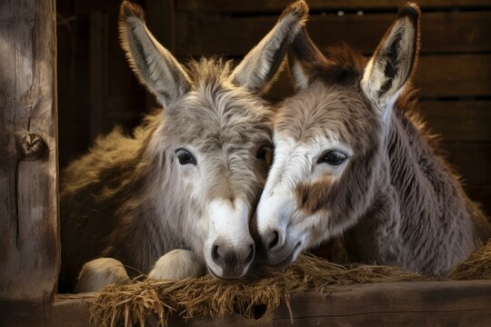 Two donkeys in a stable. Portrait of two donkeys