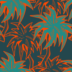 Tropical seamless vector pattern with palm leaves and tree. Holiday vocation theme for fabric print, textile design, fashion party invitation, luxury life style. Hand drawn cartoon line illustration.