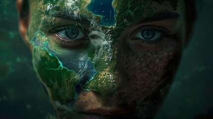 global visage: the artful embrace of earth on a woman's face - obrazy, fototapety, plakaty