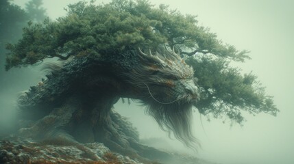  a tree in the middle of a forest with a dragon face on it's head and branches sticking out of the top of the tree, on a foggy day. - obrazy, fototapety, plakaty
