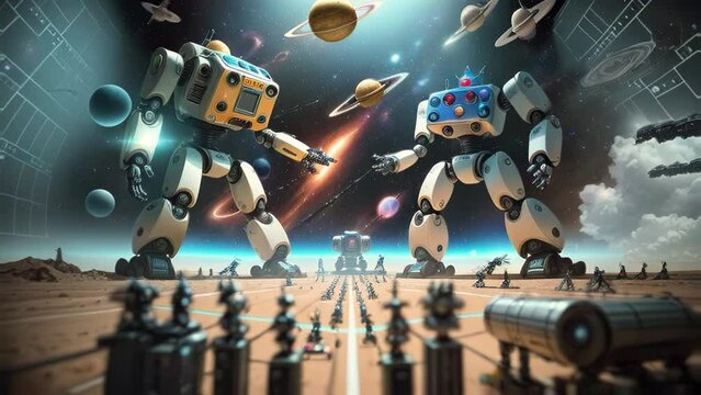 Two futuristic robots stand opposite each other in space, surrounded by planets and spaceships, depicting artificial intelligence and strategy, zoom out.