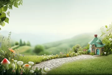Gartenposter beutiful pathway and cute house on white and green background for cute and relax design © kenkuza