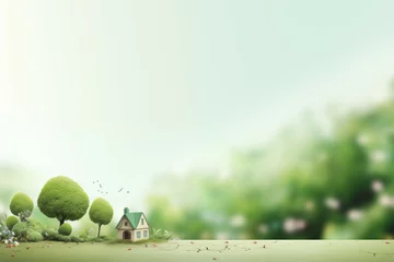 Poster beutiful pathway and cute house on white and green background for cute and relax design © kenkuza