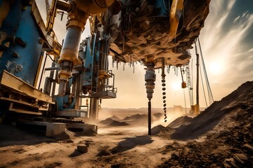 A dynamic shot of a drilling rig in action, with rock fragments flying as the drill bit penetrates...