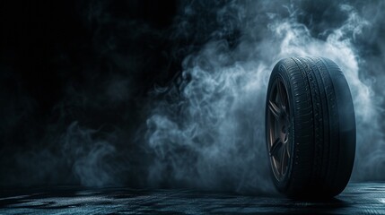 Car tire and smoke on black background
