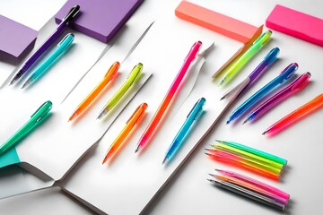 A dynamic set of minimalistic gel pens in bright, neon colors, featuring sleek packaging