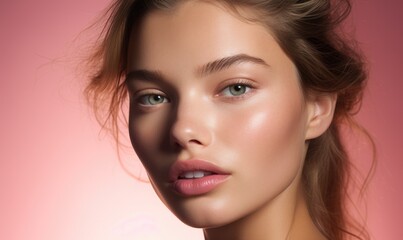 Fototapeta premium Portrait of young beauty, as a skincare campaign with pink gradient background