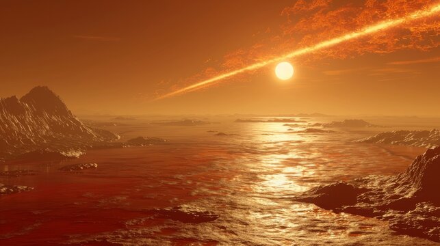 Red Planet's Surface with Sunset and Comet Impact, Science Fiction Landscape, Alien World Ecosystem Under Celestial Cataclysm