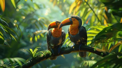 Wandcirkels aluminium bird, wild, wildlife, forest, hornbill, nature, tropical, animal, couple, feather. hornbill with two lovely colorful toucan feathered creatures in a rainforest. couple of hornbill feathered on a tree. © sornthanashatr
