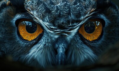 bird, owl, animal, closeup, eye, portrait, nature, wild, wildlife, background. close up portrait of beautiful colorful owl with colorful feathers and eye yellow in dark background Generative via AI.