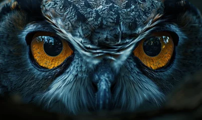 Poster bird, owl, animal, closeup, eye, portrait, nature, wild, wildlife, background. close up portrait of beautiful colorful owl with colorful feathers and eye yellow in dark background Generative via AI. © sornthanashatr