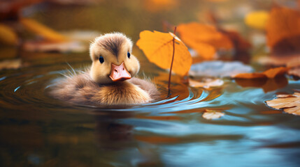 Ducklings Peaceful Swim in an Autumn Pond - obrazy, fototapety, plakaty