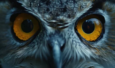 Gordijnen bird, owl, animal, closeup, eye, portrait, nature, wild, wildlife, background. close up portrait of beautiful colorful owl with colorful feathers and eye yellow in dark background Generative via AI. © sornthanashatr