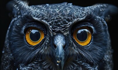 Naklejka premium bird, owl, animal, closeup, eye, portrait, nature, wild, wildlife, background. close up portrait of beautiful colorful owl with colorful feathers and eye yellow in dark background Generative via AI.