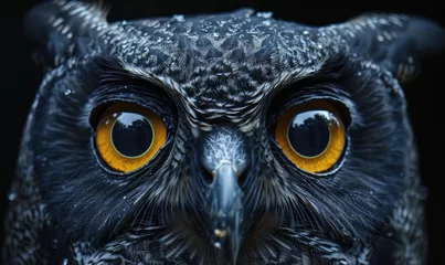 Poster bird, owl, animal, closeup, eye, portrait, nature, wild, wildlife, background. close up portrait of beautiful colorful owl with colorful feathers and eye yellow in dark background Generative via AI. © sornthanashatr
