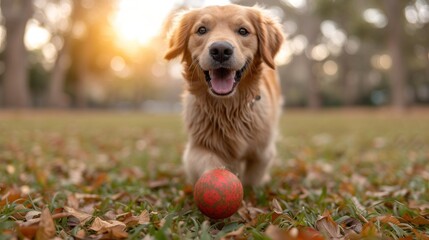  a close up of a dog running with a ball in a field with leaves on the ground and trees in the background with a bright sun shining on the horizon.