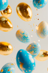 Fototapeta na wymiar Easter eggs of gold and blue color flying and levitating on a white background, minimal creative Easter layout for congratulations