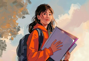 Mixed Race/Latina Student Illustration, with Books, Backpack, Urban Environment. Diversity and Education Concepts. Generative AI.
