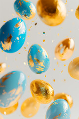 Fototapeta na wymiar Easter eggs of gold and blue color flying and levitating on a white background, minimal creative Easter layout for congratulations