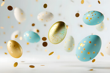 Easter eggs of gold and blue color flying and levitating on a white background, minimal creative Easter layout for congratulations