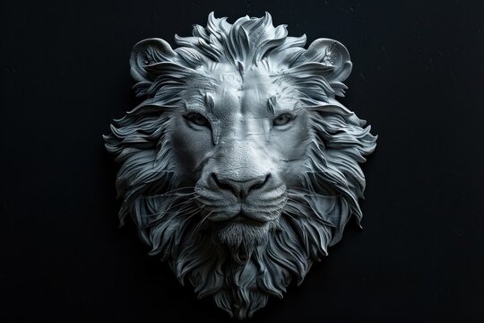 animal, nature, predator, wild, wildlife, ai, background, hunter, jungle, abstract. close up statue portrait of lion in dramatic against black background with enigmatic intense expression via Gen AI.