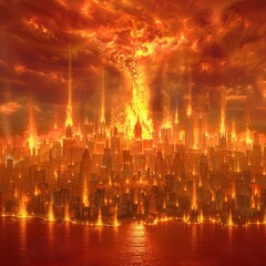 Fototapeta premium Apocalyptic Vision of City Under Attack from Celestial Firestorm, Science Fiction Concept of Urban Destruction, Dramatic and Intense Fantasy Catastrophe