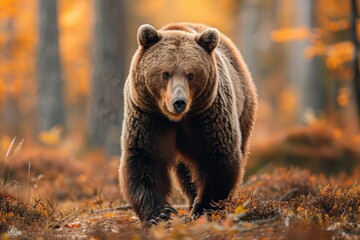 Fototapeta premium animal, bear, forest, mammal, nature, wildlife, big, brown bear, wild, background. close up to big brown bear walking in rainforest with thin fog. dangerous animal in nature forest and meadow habitat.