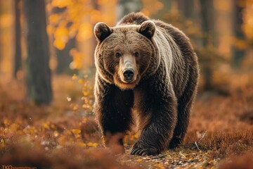 animal, bear, forest, mammal, nature, wildlife, big, brown bear, wild, background. close up to big brown bear walking in rainforest with thin fog. dangerous animal in nature forest and meadow habitat. - obrazy, fototapety, plakaty