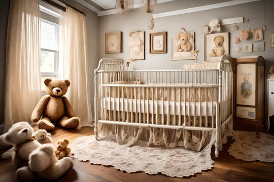 A vintage baby's room with antique crib, lace curtains, and classic teddy bears. A nostalgic and timeless space for a baby to grow and play