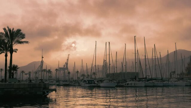 Barcos atracados en puerto. Marina al atardecer. Muelle, veleros, pesqueros.